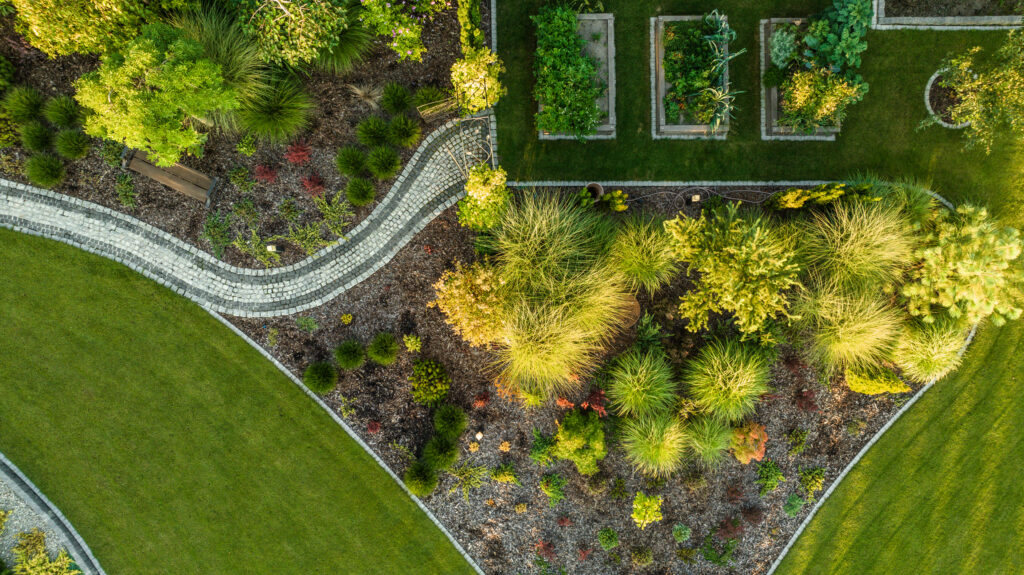 An aerial view of a beautiful landscape provides inspiration for your next landscape project.